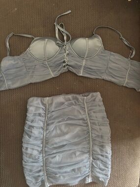 Light Gray Ruched Two-Piece Set - Bustier Top & Mini Skirt